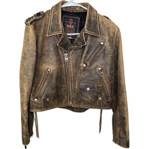 Chevignon Distressed Brown Genuine Leather Moto Biker Jacket Cropped Women’s M